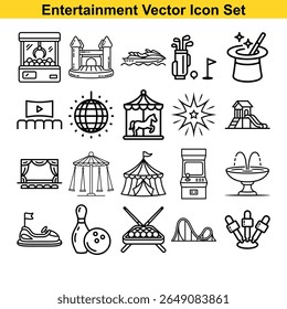 A clean, modern vector icon set showcasing various entertainment and leisure activities, including amusement park rides, sports, and games, presented on a white background.
