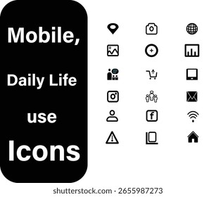 A clean and modern vector icon set illustrating mobile and daily life concepts. Includes icons for smartphones, messaging, apps, navigation, calls, utilities, and digital lifestyle.