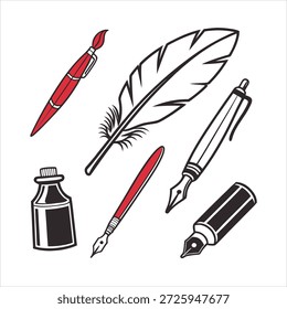 Conjunto de iconos vectoriales limpios y modernos de herramientas de escritura y pintura que incluyen lápiz, pluma, pluma estilográfica, pincel, marcador, lápiz mecánico y tubo de pintura. Ideal para proyectos de diseño, arte y educación.