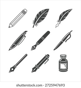 Clean and modern vector icons set of writing and painting tools including pencil, feather pen, fountain pen, brush, marker, mechanical pencil and paint tube. Ideal for design, art and education projects.