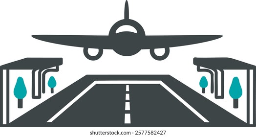 A clean and modern vector illustration of an airplane on the runway, symbolizing travel and aviation. Perfect for use in travel-related designs, websites, and marketing materials.