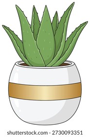 Una Ilustración vectorial limpia y moderna de una planta de aloe vera que crece en una maceta blanca decorativa con una banda dorada.