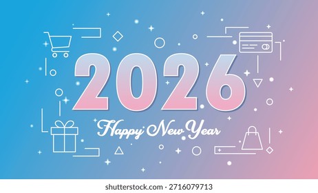 Eine saubere und moderne Vektorgrafik, die die Ankunft des Jahres 2026 feiert und sich auf E-Commerce und Einzelhandel konzentriert. Diese vielseitige Grafik eignet sich ideal für Verkaufsaktionen im Urlaub in der Neujahrssaison 2026