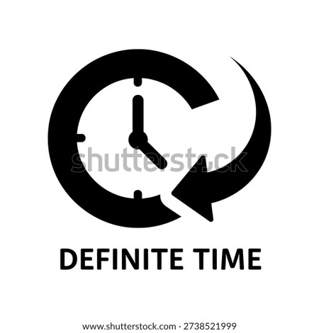 Clean and modern vector illustration of a circular clock with a bold arrow symbolizing definite time, urgency, and deadlines for business or productivity designs.