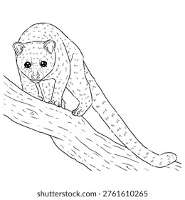A clean and modern vector illustration of a civet (musang pandan) in line art style, created with smooth, precise outlines and minimal detailing. This artwork captures the distinctive features of the Asian palm civet, including its slender body, pointed face, and long tail, expressed through simple yet elegant lines.
