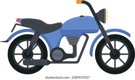 A clean and modern vector illustration of a classic blue motorcycle, featuring a vintage design with black wheels and a sleek seat.