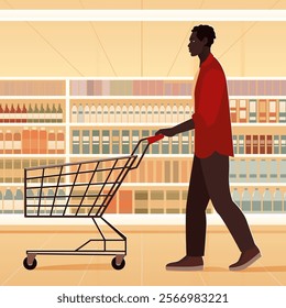 A clean and modern vector illustration depicting a man pushing an empty shopping cart in a supermarket aisle. The man is dressed in a casual red shirt and dark pants, walking through a brightly lit