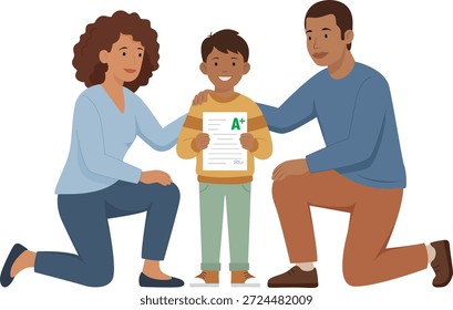 Ilustração vetorial limpa e moderna retratando uma criança em idade escolar feliz orgulhosamente mostrando um boletim com boas notas para pais sorridentes em casa. Este cenário representa conquistas educacionais, sucesso acadêmico, apoio familiar e momentos positivos de aprendizagem. A ilustração apresenta emoções naturais, interação familiar quente e um estilo de design plano mínimo adequado para uso comercial. Ideal para conceitos educacionais, sucesso escolar, paternidade, motivação, progresso de aprendizagem, valores familiares, desenvolvimento infantil e temas de celebração acadêmica. Perfeito para sites, apresentações, aplicativos, blogs, publicidade e materiais educativos. sstkfamily