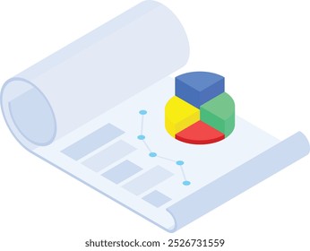 Eine saubere und moderne Vektorgrafik mit einem aufgerollten Dokument mit farbenfrohen Tortendiagrammen und Diagrammen, die Geschäftsdatenanalyse, Performance-Verfolgung und Reporting darstellen.