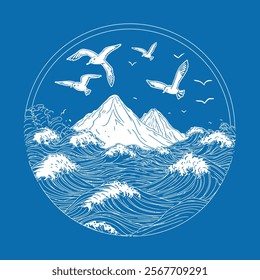 A clean and modern vector illustration featuring stylized line art of mountains and waves, complemented by flying seagulls in the sky above the sea. Set against a dark blue background, the artwork use