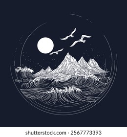 A clean and modern vector illustration featuring stylized line art of mountains and waves, complemented by flying seagulls in the sky above the sea. Set against a dark blue background, the artwork use