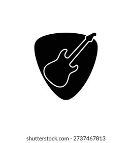 A clean, modern vector illustration featuring a black silhouette of an electric guitar superimposed on a guitar pick.