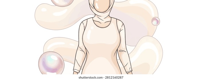 A clean and modern vector illustration featuring a faceless woman wearing a hijab and a long-sleeved dress. The character is set against a background of soft, fluid cream-colored shapes and iridescent bubbles, suggesting a theme of skincare, beauty, or purity. The minimalist aesthetic uses a warm, neutral color palette suitable for wellness and lifestyle branding.