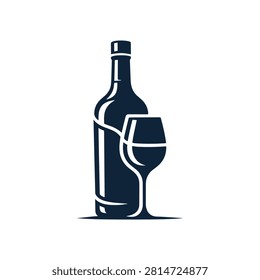 A clean, modern vector illustration featuring the silhouette of a wine bottle paired with a wine glass, designed in a flat, minimalist style.