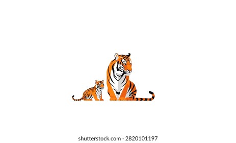 A clean and modern vector illustration featuring an adult tiger and its cub sitting side-by-side on a white background. The artwork uses a flat, geometric style with bold orange and black stripes, capturing a serene moment between a parent and offspring. The minimalist design makes it suitable for various graphic design projects, logos, or educational materials.