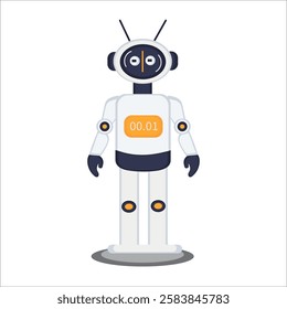 A clean and modern vector illustration of a friendly robot with a white body and dark accents. 