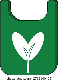 Una Ilustración vectorial limpia y moderna de una bolsa de compras ecológica verde con un brote blanco o un ícono de planta que simboliza la sostenibilidad y la conciencia ambiental.