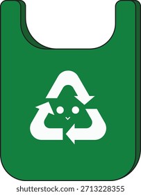 Ilustración vectorial limpia y moderna de una bolsa de compras reutilizable verde con un símbolo de reciclaje blanco con una cara sonriente linda.