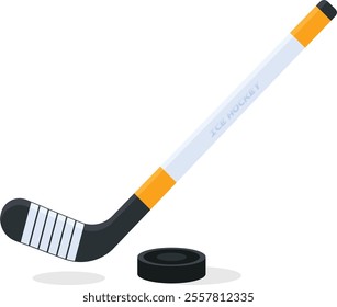 A clean and modern vector illustration of an ice hockey stick and puck.