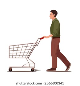 A clean and modern vector illustration of a man pushing an empty shopping cart. The man is dressed in a casual green shirt, brown pants, and dark shoes, presenting a relaxed and everyday vibe. The