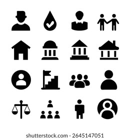A clean and modern vector illustration of minimalist social governance icons set on white background, perfect for corporate, ethics, law, and transparency-themed designs.