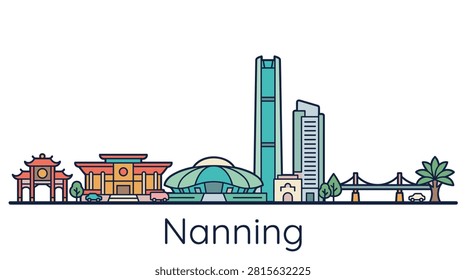 A clean and modern vector illustration of the Nanning city skyline featuring its prominent landmarks, traditional architecture, and modern skyscrapers.
