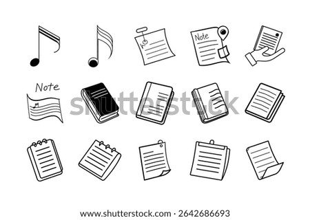 A clean and modern vector illustration of notes icon set on a white background, featuring various styles of memo, document, and clipboard symbols ideal for user interface, web design, mobile apps, and
