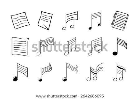 A clean and modern vector illustration of notes icon set on a white background, featuring various styles of memo, document, and clipboard symbols ideal for user interface, web design, mobile apps, and