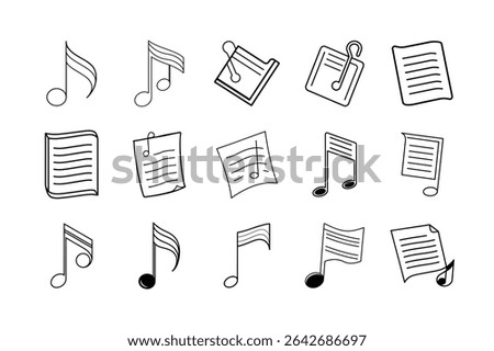 A clean and modern vector illustration of notes icon set on a white background, featuring various styles of memo, document, and clipboard symbols ideal for user interface, web design, mobile apps, and