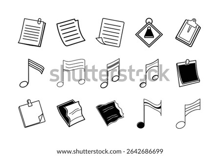 A clean and modern vector illustration of notes icon set on a white background, featuring various styles of memo, document, and clipboard symbols ideal for user interface, web design, mobile apps, and