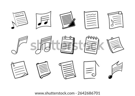 A clean and modern vector illustration of notes icon set on a white background, featuring various styles of memo, document, and clipboard symbols ideal for user interface, web design, mobile apps, and