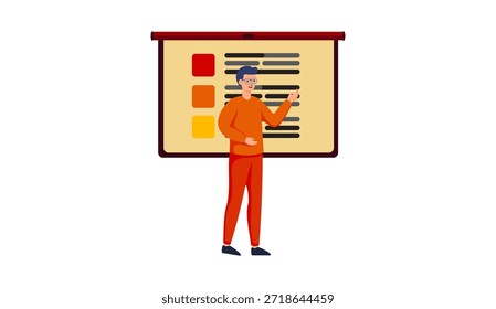 A clean and modern vector illustration of a professional businessman delivering a presentation in front of a large chart board. Perfect for business concepts, corporate training, sales pitch, marketing strategy, seminar, conference, or leadership visuals. Flat-style design with vibrant colors ideal for websites, apps, reports, and educational materials. 