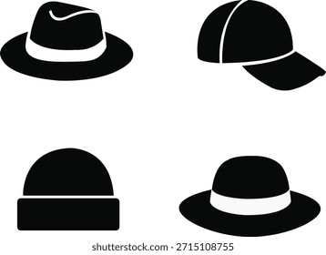 A clean and modern vector illustration set featuring four different hat styles, including fedora, baseball cap, winter beanie, and classic brim hat. Designed in a minimal black-and-white silhouette style, perfect for logos, fashion projects, UI icons, branding, and digital or print designs. Suitable for EPS and scalable graphic use.