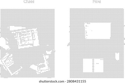 A clean and modern vector illustration showcasing an organized office desk from a top-down perspective, featuring a laptop and essential work items.