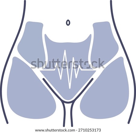 A clean and modern vector illustration showing the female pelvic area with highlighted pelvic floor muscles and a heartbeat waveform symbolizing health, strength, and postpartum recovery.