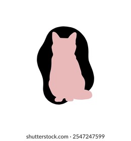 Clean and modern vector illustration of a sitting cat silhouette in soft pink against an organic black background shape. 