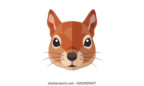 A clean, modern vector illustration of a squirrel's face facing forward. The artwork uses a flat design aesthetic with subtle shading to create a geometric look. The squirrel has prominent pointed ears, large dark eyes with white catchlights, a dark nose, and symmetrical whiskers. The color palette consists of various shades of copper, russet, and cream. The entire graphic is isolated on a plain white background, making it suitable for icons, avatars, or decorative graphics.