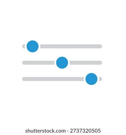 A clean and modern vector illustration of three horizontal settings adjustment sliders. Featuring grey tracks and blue circular toggles, this minimalist graphic is perfect for user interface (UI) designs, audio mixing apps, photo editing software, and digital control panel.