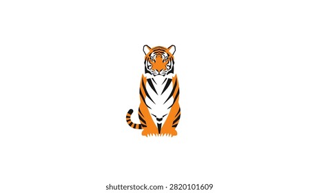 A clean, modern vector illustration of a tiger sitting and facing forward. The tiger features bold orange and black stripes with white accents, designed in a geometric, flat art style. The animal is centered against a plain white background, highlighting its powerful and majestic presence.