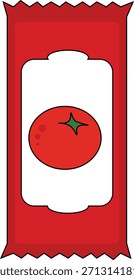 Uma ilustração vetorial limpa e moderna de uma saqueta de molho de tomate. O design apresenta um pacote vermelho brilhante com um simples gráfico de tomate no centro.