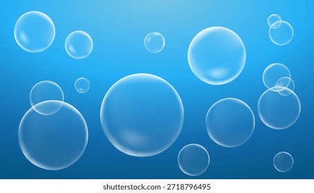 Clean and modern vector illustration of transparent air bubbles floating underwater against a soft blue gradient background. Perfect for refreshing designs and aquatic themes.