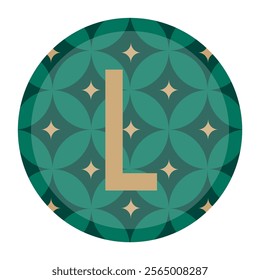 A clean and modern vector image of the letter L in gold on a circular green background with a geometric floral pattern. Ideal for artistic designs, logos, and stylish compositions.