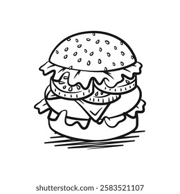 A clean and modern vector line art illustration of a mouthwatering hamburger. Perfect for food-related projects, restaurant branding, or creative designs.