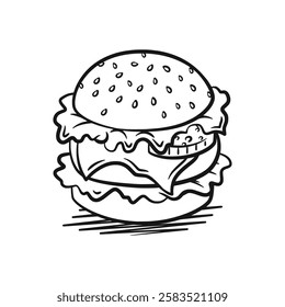 A clean and modern vector line art illustration of a mouthwatering hamburger. Perfect for food-related projects, restaurant branding, or creative designs.