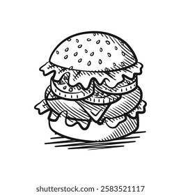 A clean and modern vector line art illustration of a mouthwatering hamburger. Perfect for food-related projects, restaurant branding, or creative designs.