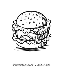 A clean and modern vector line art illustration of a mouthwatering hamburger. Perfect for food-related projects, restaurant branding, or creative designs.