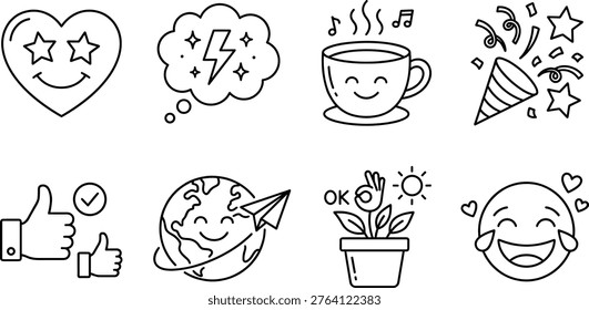 Clean and modern vector line art icon set featuring positive concepts and emotions. This collection includes symbols like a heart with star eyes, a lightning bolt idea bubble, a cozy coffee cup, a festive party popper, thumbs up approval, a smiling global earth, a growing plant, and a joyful laughing emoji. Ideal for various commercial applications such as marketing, branding, advertising, social media posts, website UI, mobile app design, blog illustrations, presentations, and digital templates. The minimalist outline style offers versatility and a cheerful mood, perfect for conveying happiness, success, travel, and good vibes.