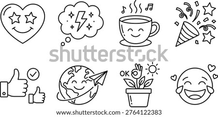 Clean and modern vector line art icon set featuring positive concepts and emotions. This collection includes symbols like a heart with star eyes, a lightning bolt idea bubble, a cozy coffee cup, a festive party popper, thumbs up approval, a smiling global earth, a growing plant, and a joyful laughing emoji. Ideal for various commercial applications such as marketing, branding, advertising, social media posts, website UI, mobile app design, blog illustrations, presentations, and digital templates. The minimalist outline style offers versatility and a cheerful mood, perfect for conveying happiness, success, travel, and good vibes.