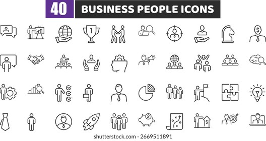 Un conjunto de iconos de línea de Vector limpio y moderno con varias personas de negocios y figuras profesionales.