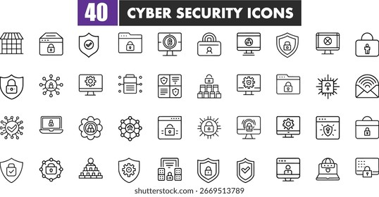 Un conjunto de iconos de líneas de Vector limpio y moderno que representa varios aspectos de la seguridad cibernética.